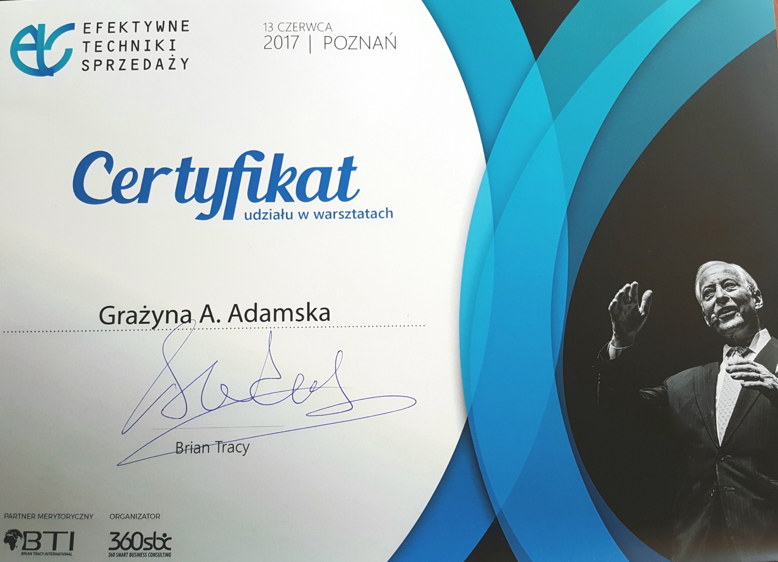 Certyfikat Brian Tracy sprzedaż - Grażyna A. Adamska - Kwantowa Mentorka Duszy -