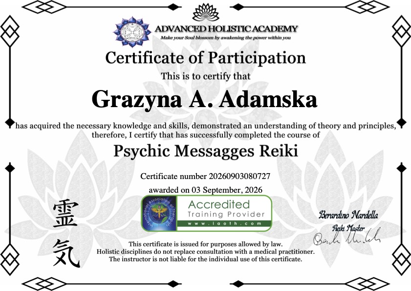 Psychic Messages Reiki certyfikat